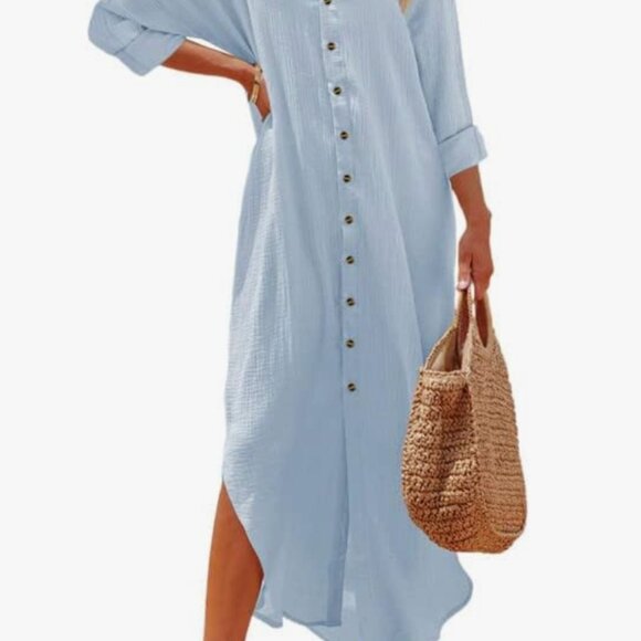 Elegant Casual Summer Button Down Front Long Sleeve Maxi Shirt Dress Plus - Picture 1 of 4
